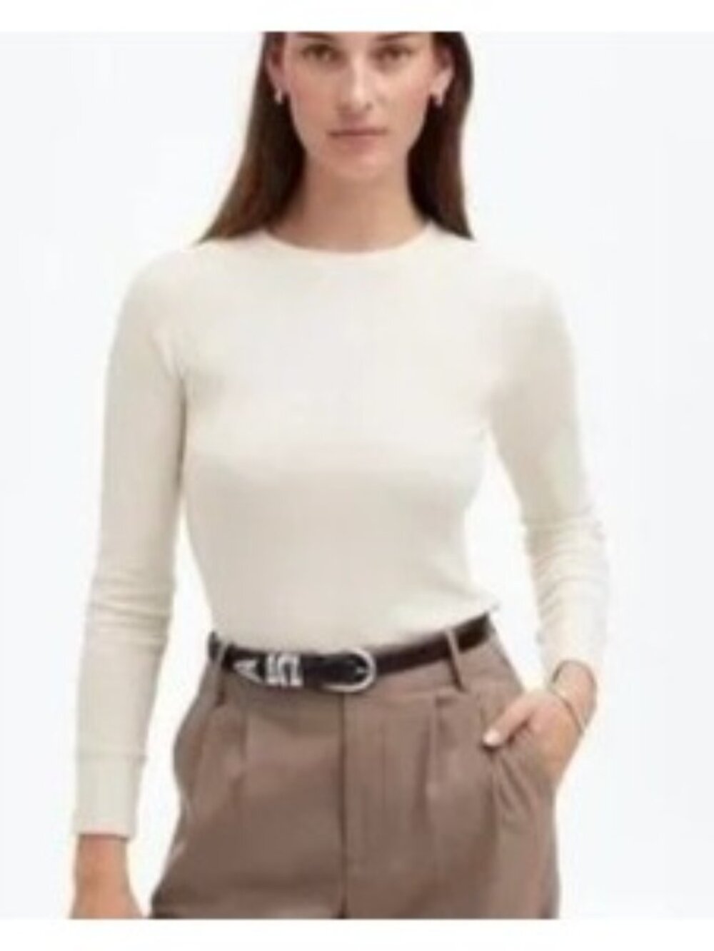 Madewell Women's Coverstitch Long Sleeve Tee Ivory Size L NWT